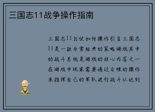 三国志11战争操作指南